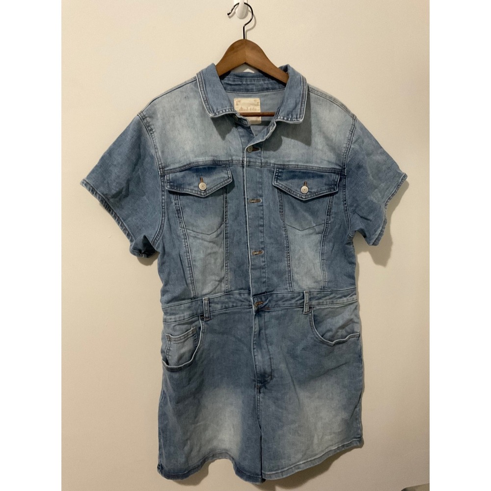 Altar'd State Womens XL Denim Romper Short Sleeve Button Front Acid Wash Blue